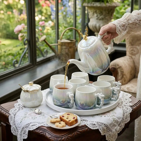 12pc Gold Deer Lid Accent Porcelain Tea Set Kitchenware Tea Sets