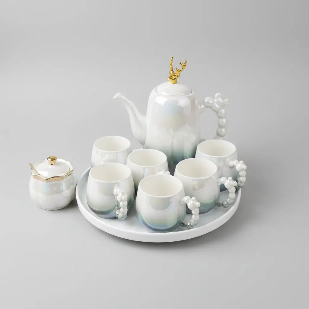 12pc Gold Deer Lid Accent Porcelain Tea Set Kitchenware Tea Sets