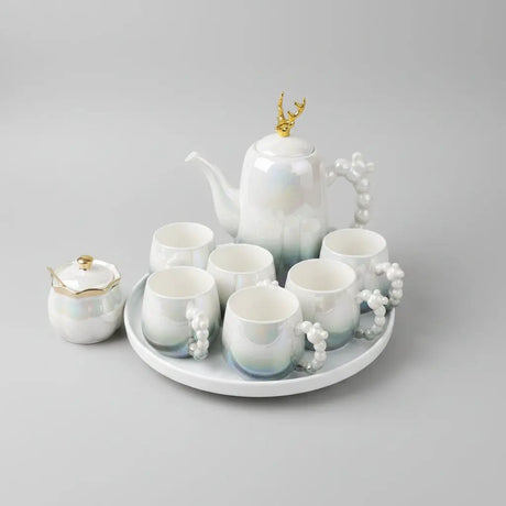 12pc Gold Deer Lid Accent Porcelain Tea Set Kitchenware Tea Sets