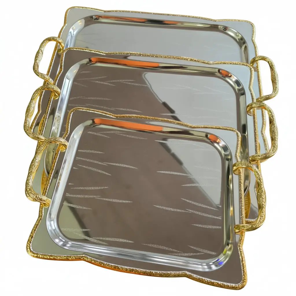 3pcs Stainless Steel Serving Trays with Gold Handles Serving Tray Serving Trays