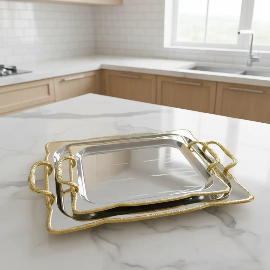 3pcs Stainless Steel Serving Trays with Gold Handles Serving Tray Serving Trays