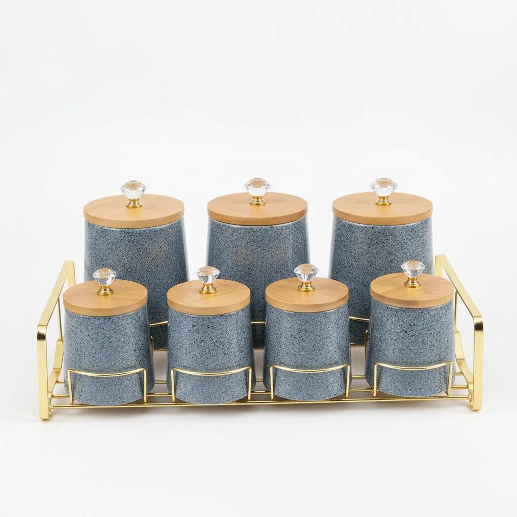 7-Piece Ceramic Spice Jars Set with Bamboo Lids Kitchen Storage Food Storage Containers