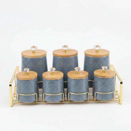 7-Piece Ceramic Spice Jars Set with Bamboo Lids Kitchen Storage Food Storage Containers
