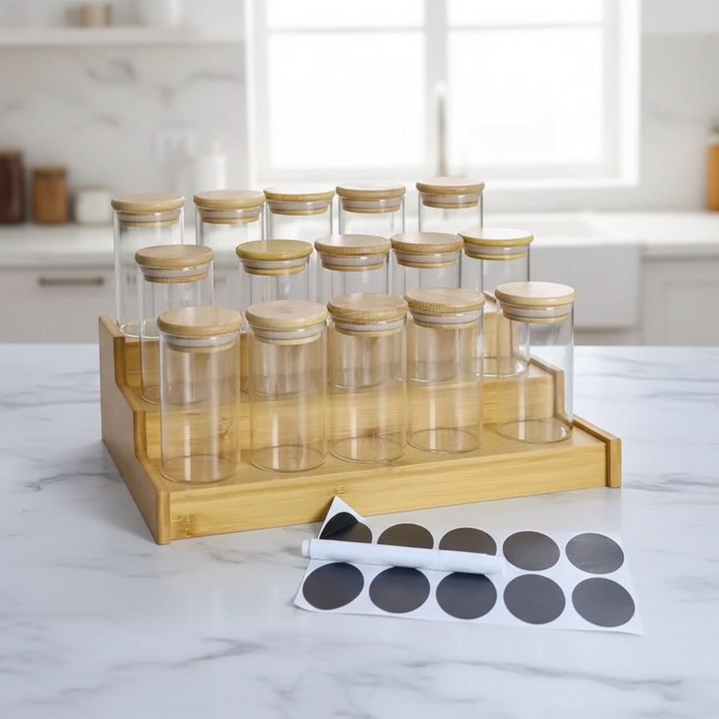 15-Piece Glass Spice Jar Set with Bamboo Stand spice organizers Food Storage Containers