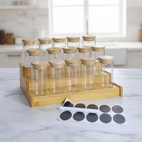 15-Piece Glass Spice Jar Set with Bamboo Stand spice organizers Food Storage Containers