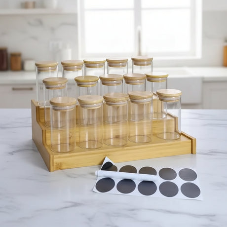 15-Piece Glass Spice Jar Set with Bamboo Stand spice organizers Food Storage Containers