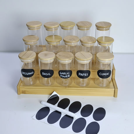 15-Piece Glass Spice Jar Set with Bamboo Stand spice organizers Food Storage Containers