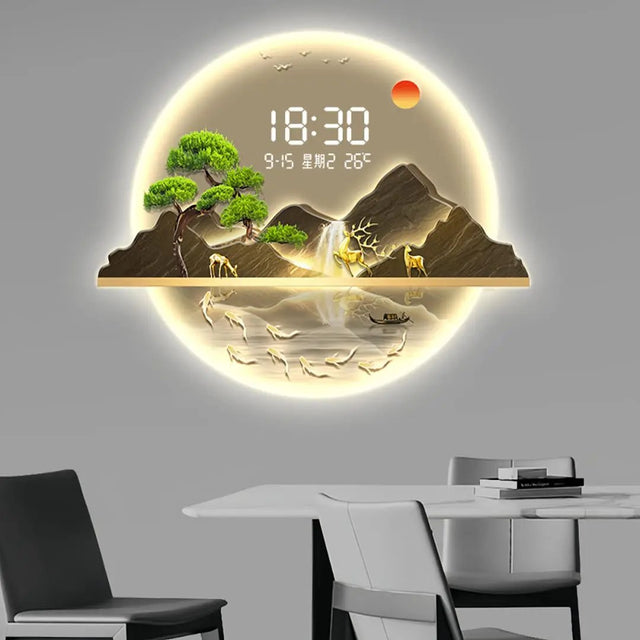 LED Mountain Landscape Wall Clock with Display Decor Wall Clocks