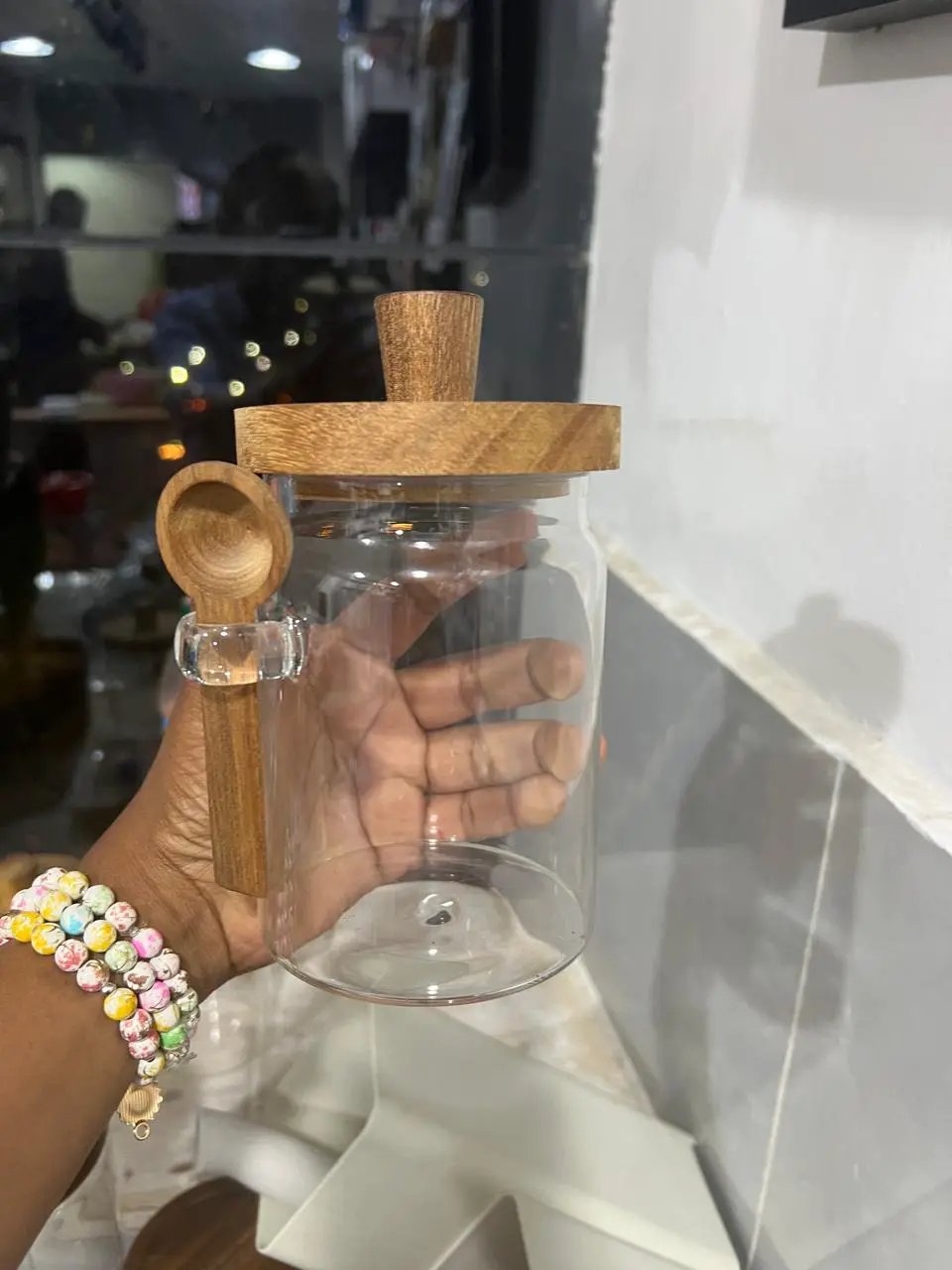 Multi-purpose Glass Sealed Storage Jar with Acacia Wood Lid and Spoon Kitchen Storage Food Storage Containers