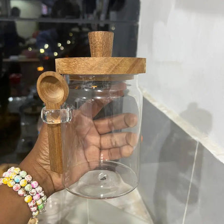 Multi-purpose Glass Sealed Storage Jar with Acacia Wood Lid and Spoon Kitchen Storage Food Storage Containers