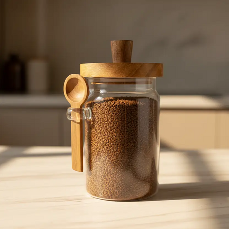 Multi-purpose Glass Sealed Storage Jar with Acacia Wood Lid and Spoon Kitchen Storage Food Storage Containers