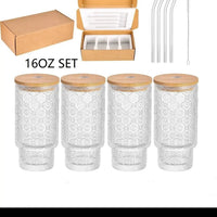Highball Crystal Ribbed Glasses with Bamboo Lids & Straws Set of 4 Kitchen & Dining Drinkware Sets
