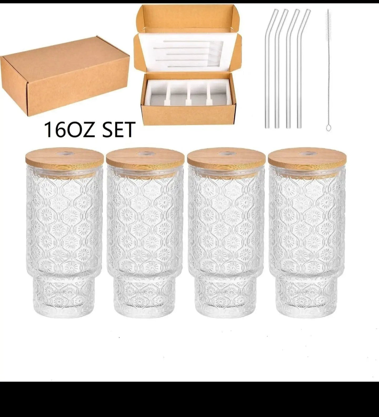 Highball Crystal Ribbed Glasses with Bamboo Lids & Straws Set of 4 Kitchen & Dining Drinkware Sets