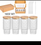 Highball Crystal Ribbed Glasses with Bamboo Lids & Straws Set of 4 Kitchen & Dining Drinkware Sets