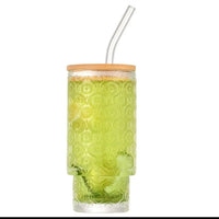 Highball Crystal Ribbed Glasses with Bamboo Lids & Straws Set of 4 Kitchen & Dining Drinkware Sets