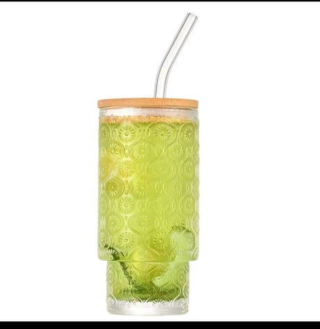 Highball Crystal Ribbed Glasses with Bamboo Lids & Straws Set of 4 Kitchen & Dining Drinkware Sets