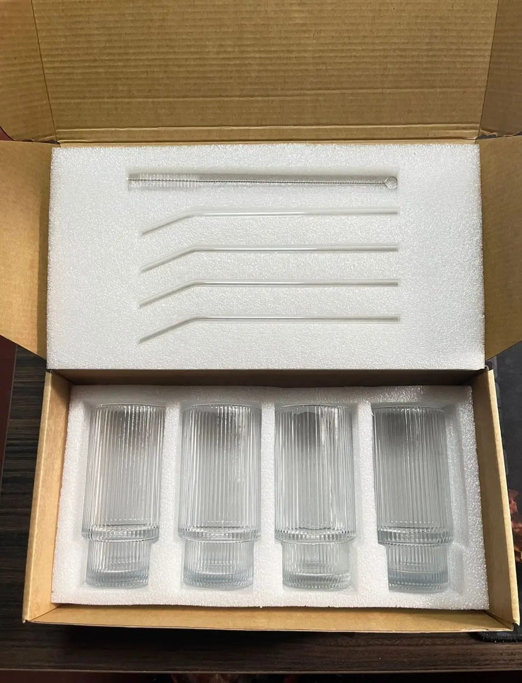 Highball Crystal Ribbed Glasses with Bamboo Lids & Straws Set of 4 Kitchen & Dining Drinkware Sets