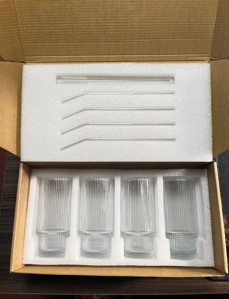 Highball Crystal Ribbed Glasses with Bamboo Lids & Straws Set of 4 Kitchen & Dining Drinkware Sets