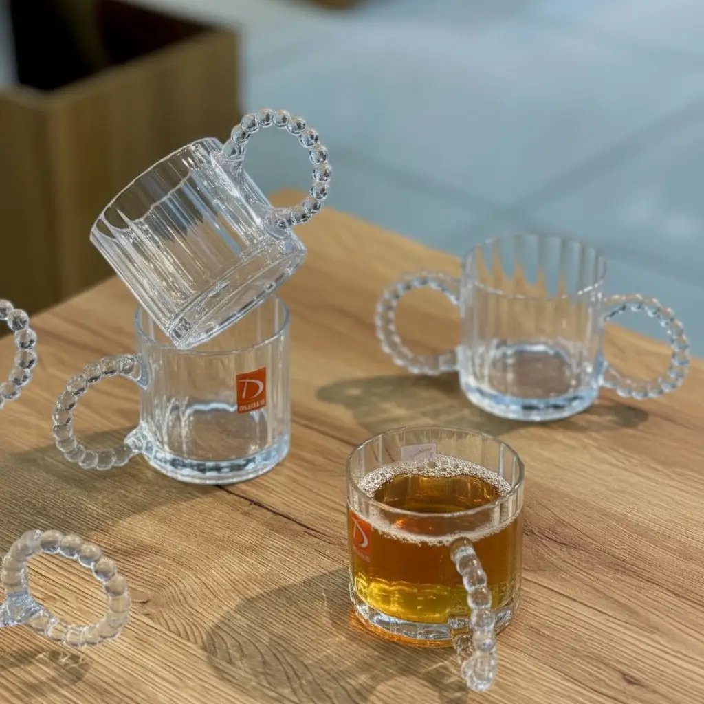 Embossed Vintage Glass Coffee Mugs with Pearl Handle Set of 6 Kitchen & Dining Drinkware Sets