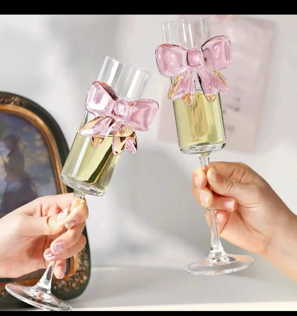 Pink Bow Champagne Flutes Set of 6 Kitchen & Dining Champagne Glasses