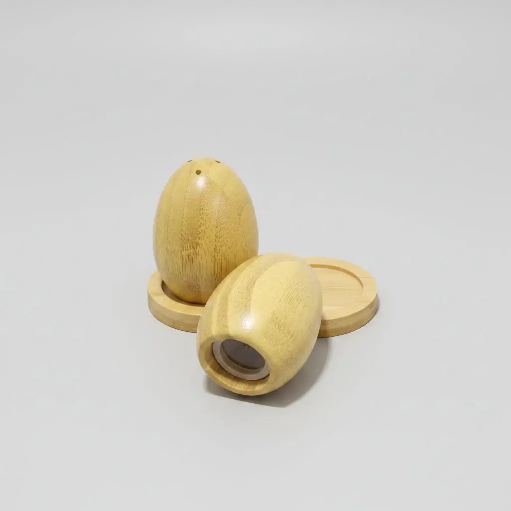 Bamboo Egg-Shaped Salt & Pepper Shakers Set 3pcs Kitchen & Dining Shaker Sets