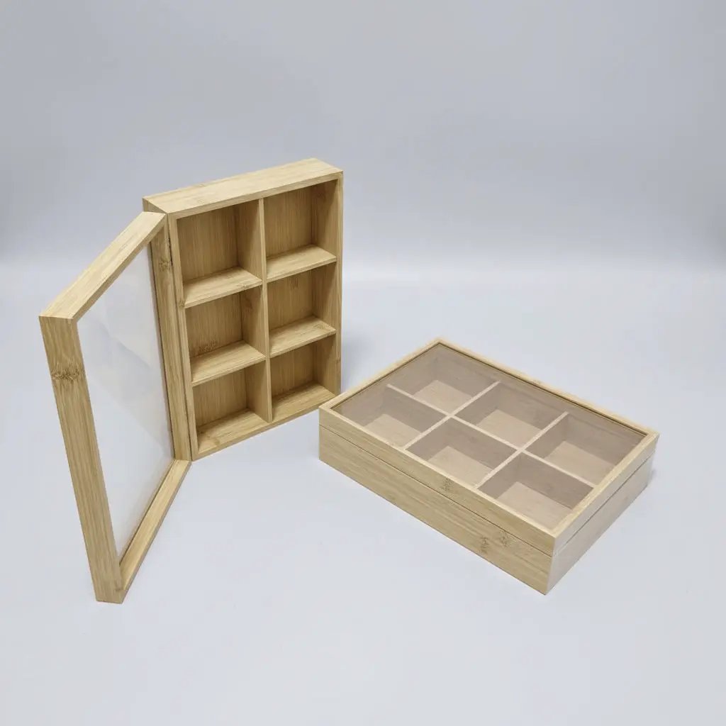 6-Section Bamboo Teabag Organizer Box with Clear Lid Kitchen & Dining Food Storage Containers