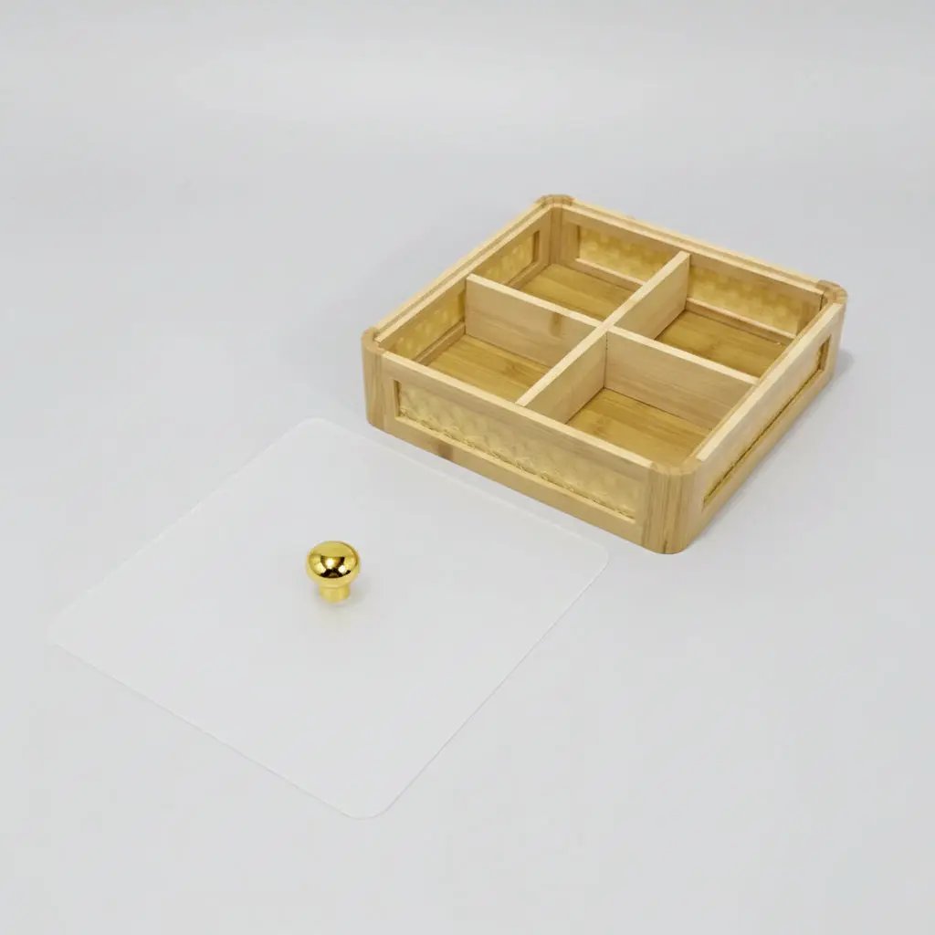 Premium Square Bamboo 4-Section Tray with Clear Lid Kitchen & Dining Food Storage Containers