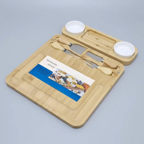 Bamboo Cheese Board & Cutlery Set with 2 Ceramic Dips Kitchen & Dining Cutting Boards