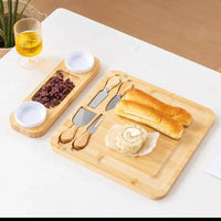 Bamboo Cheese Board & Cutlery Set with 2 Ceramic Dips Kitchen & Dining Cutting Boards
