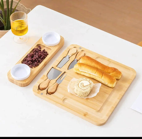 Bamboo Cheese Board & Cutlery Set with 2 Ceramic Dips Kitchen & Dining Cutting Boards