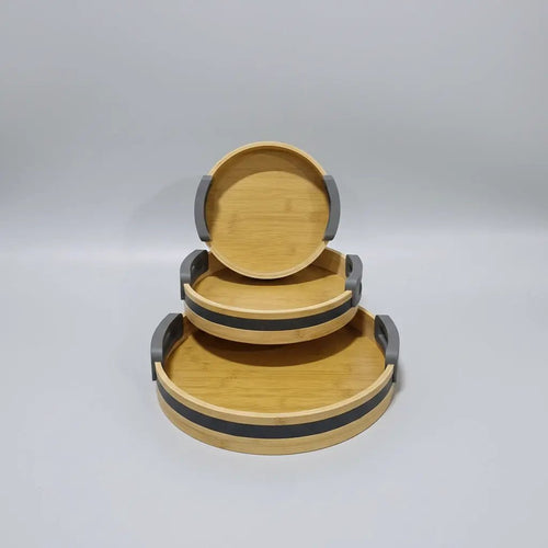 3-Piece Bamboo Nesting Serving Trays with Grey Handles Kitchen & Dining Serving Trays