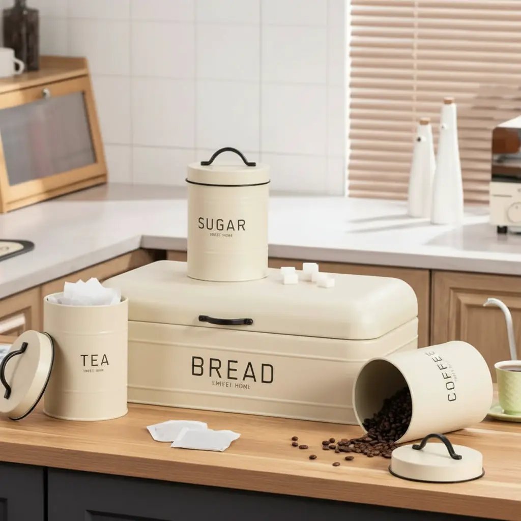 4-Piece Quilted Metal Bread Bin & Canister Set Kitchen & Dining Food Storage Containers