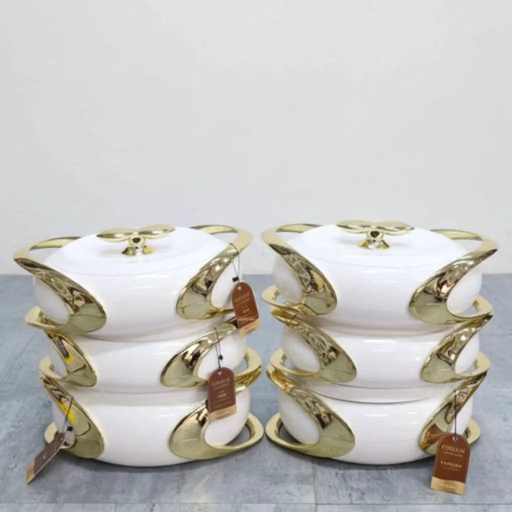 3-Piece Oval Glossy White & Gold Insulated Food Warmer Set Kitchen & Dining Food Warmers