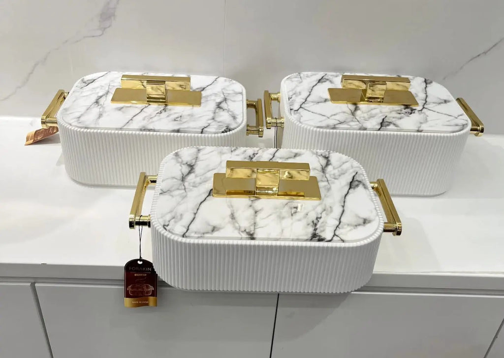 3-Piece Premium Ribbed Marble & Gold Insulated Food Warmer Set Kitchen & Dining Food Warmers