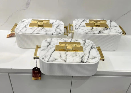 3-Piece Premium Ribbed Marble & Gold Insulated Food Warmer Set Kitchen & Dining Food Warmers