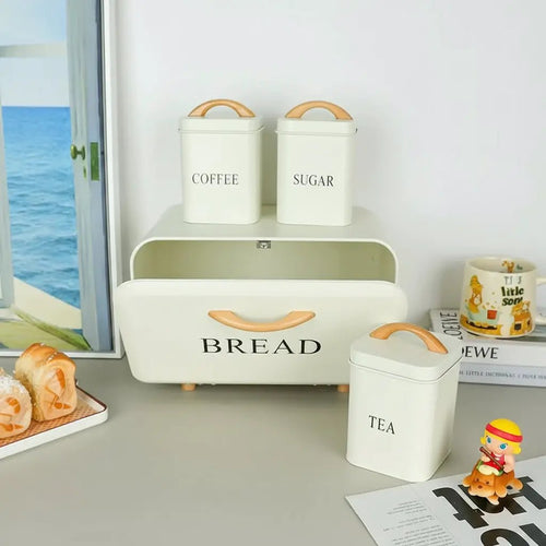 4-Piece Cream Metal Bread Bin & Canister Set Kitchen & Dining Food Storage Containers