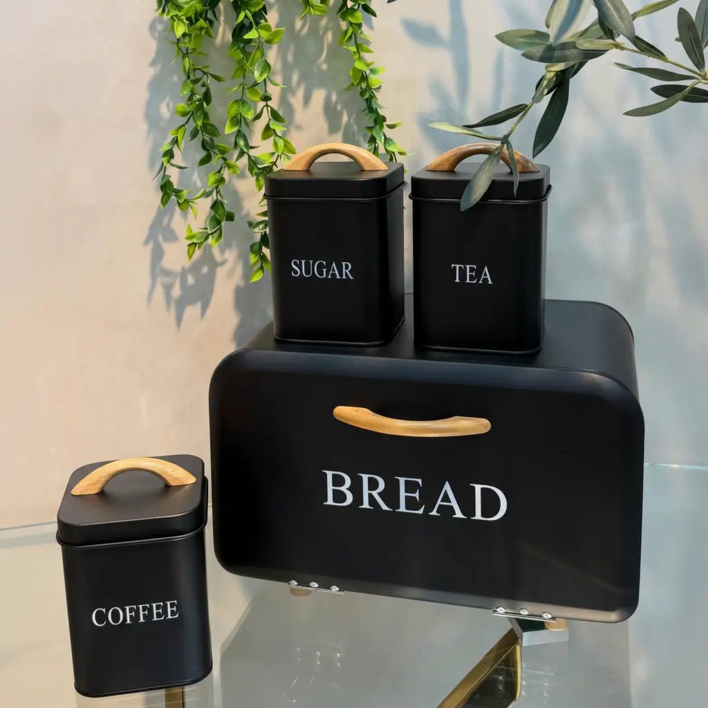 4-Piece Cream Metal Bread Bin & Canister Set Kitchen & Dining Food Storage Containers
