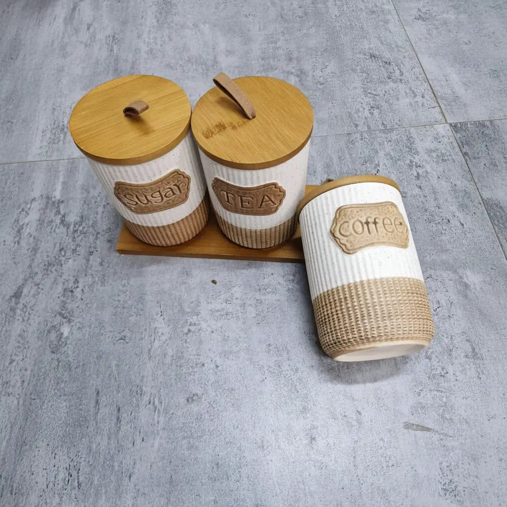 7-Piece White Speckled Ceramic Canister Set with Wooden Stand Kitchen & Dining Food Storage Containers