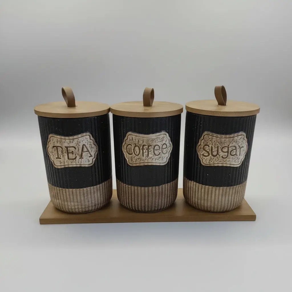 7-Piece White Speckled Ceramic Canister Set with Wooden Stand Kitchen & Dining Food Storage Containers