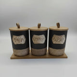 7-Piece White Speckled Ceramic Canister Set with Wooden Stand Kitchen & Dining Food Storage Containers