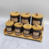 7-Piece White Speckled Ceramic Canister Set with Wooden Stand Kitchen & Dining Food Storage Containers