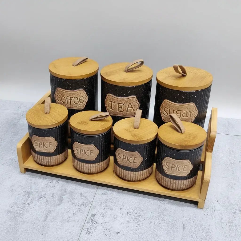 7-Piece White Speckled Ceramic Canister Set with Wooden Stand Kitchen & Dining Food Storage Containers
