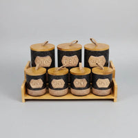 7-Piece White Speckled Ceramic Canister Set with Wooden Stand Kitchen & Dining Food Storage Containers