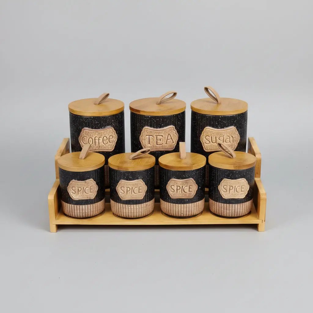 7-Piece White Speckled Ceramic Canister Set with Wooden Stand Kitchen & Dining Food Storage Containers