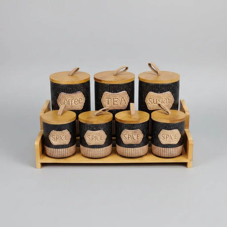 7-Piece White Speckled Ceramic Canister Set with Wooden Stand Kitchen & Dining Food Storage Containers