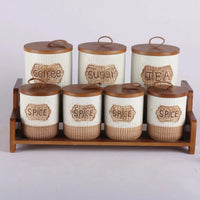 7-Piece White Speckled Ceramic Canister Set with Wooden Stand Kitchen & Dining Food Storage Containers