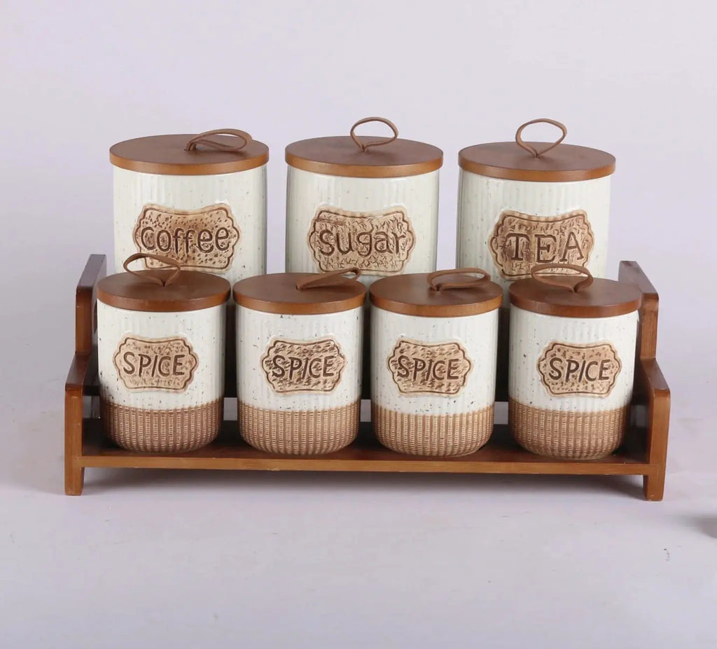7-Piece White Speckled Ceramic Canister Set with Wooden Stand Kitchen & Dining Food Storage Containers