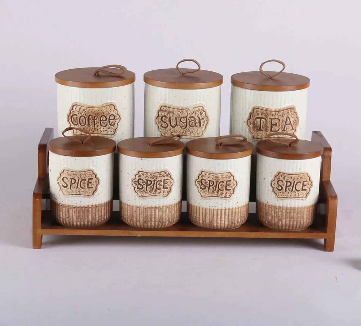7-Piece White Speckled Ceramic Canister Set with Wooden Stand Kitchen & Dining Food Storage Containers