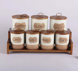 7-Piece White Speckled Ceramic Canister Set with Wooden Stand Kitchen & Dining Food Storage Containers
