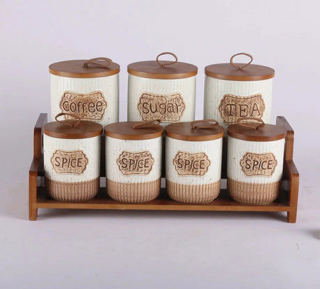 7-Piece White Speckled Ceramic Canister Set with Wooden Stand Kitchen & Dining Food Storage Containers